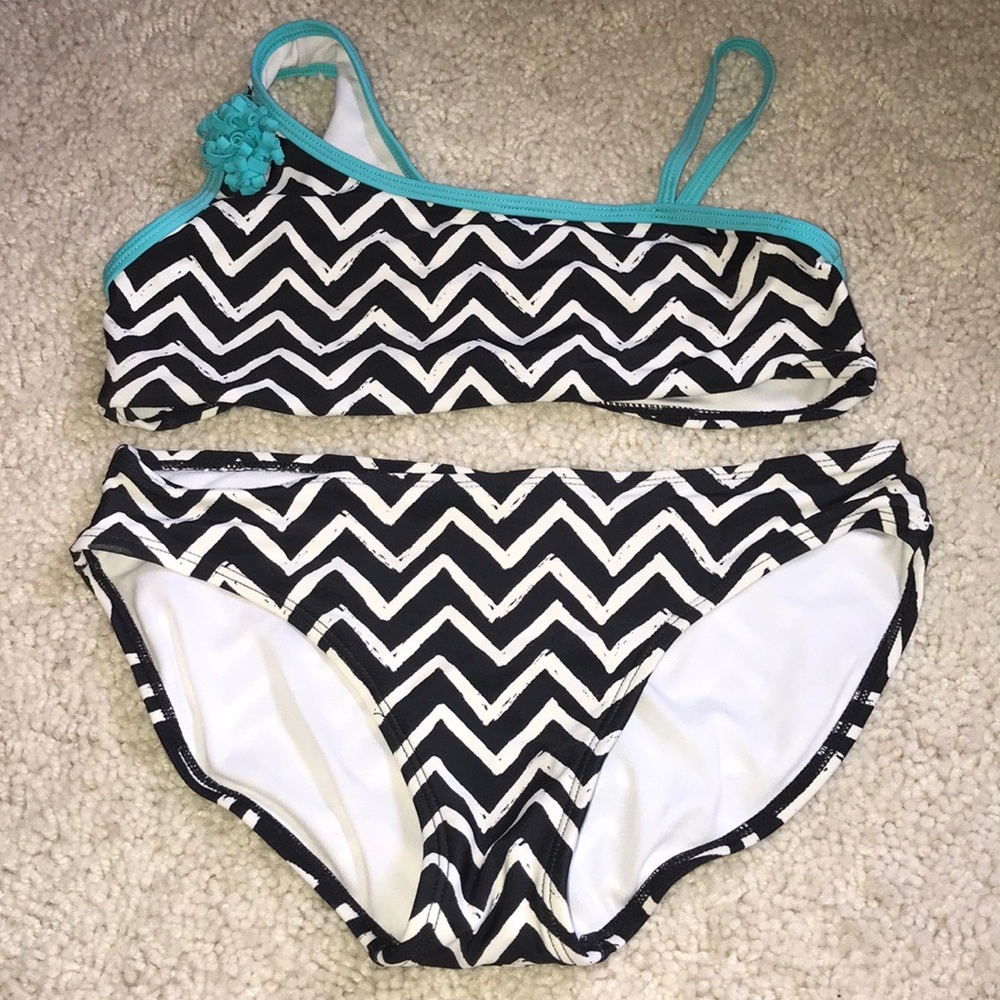 blue, black and white patterned bikini set